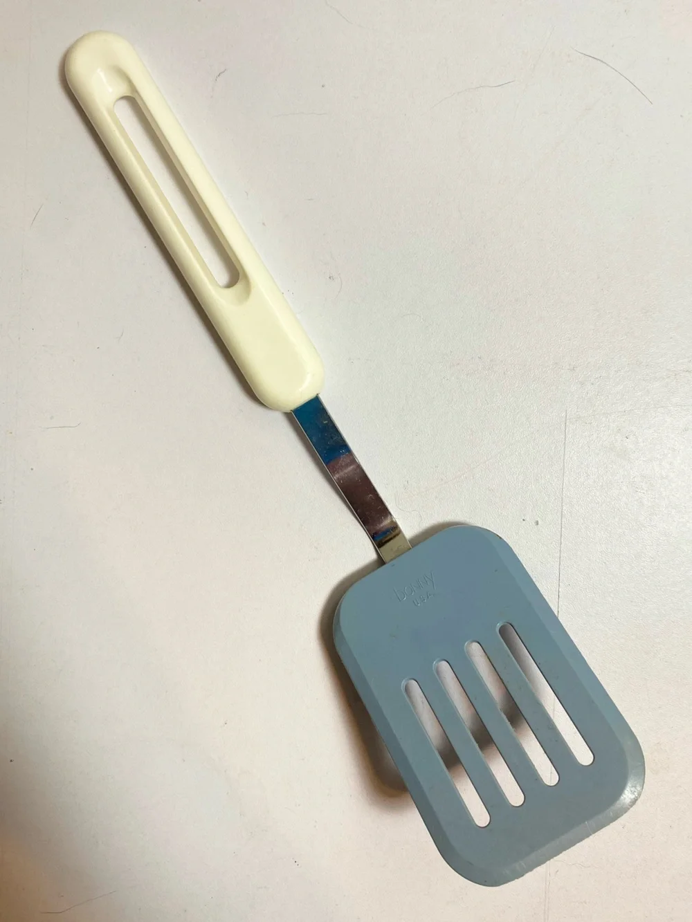 VTG Bonny USA Slotted Spatula Turner Blue Head White Plastic Handle Stainless